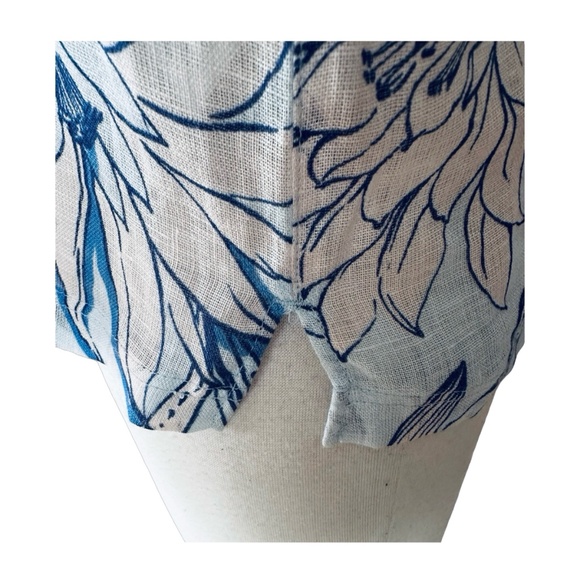 H HALSTON Linen Floral Shirt Top Size L Button-Up Short Sleeve Blue White - Picture 6 of 8